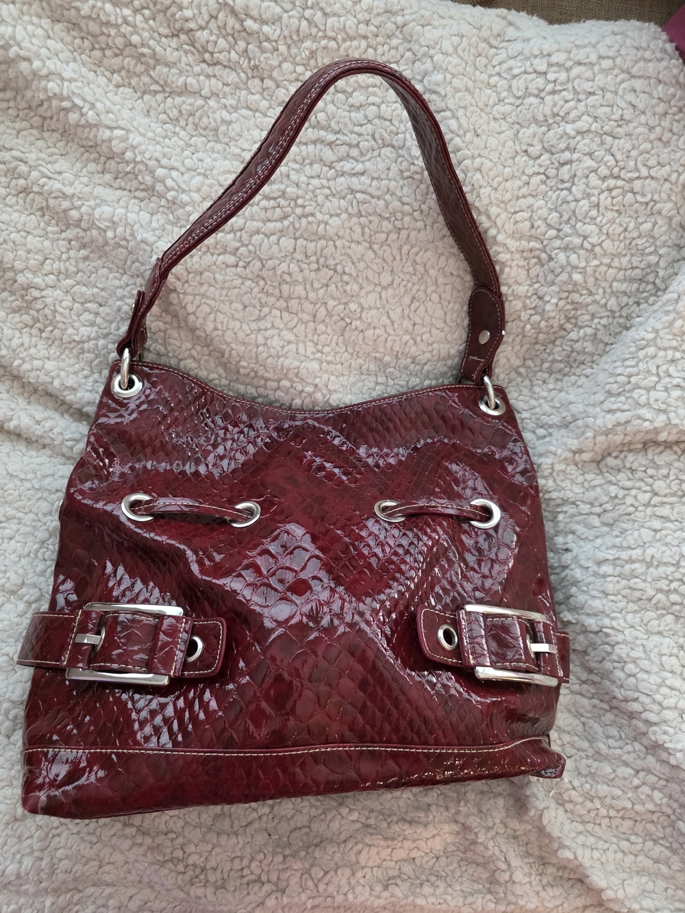 Reflection Croc Embossed Glossy Wine-Red Patent Shoulder Bag